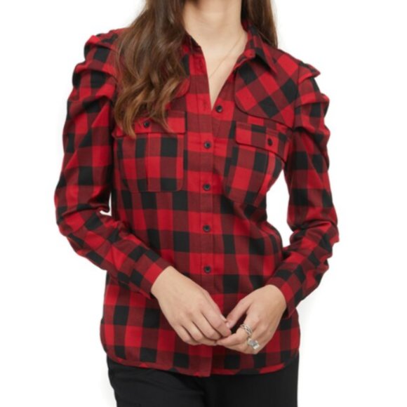 Badgley Mischka Button Down Plaid Shirt With Sleeve Detail - NEW - Size XS - Picture 1 of 5